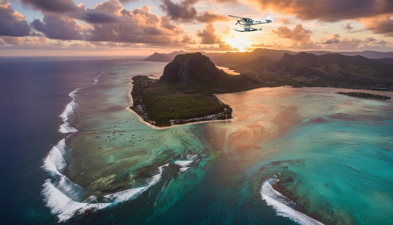 Vue aérienne de l'Île Maurice avec le Morne Brabant